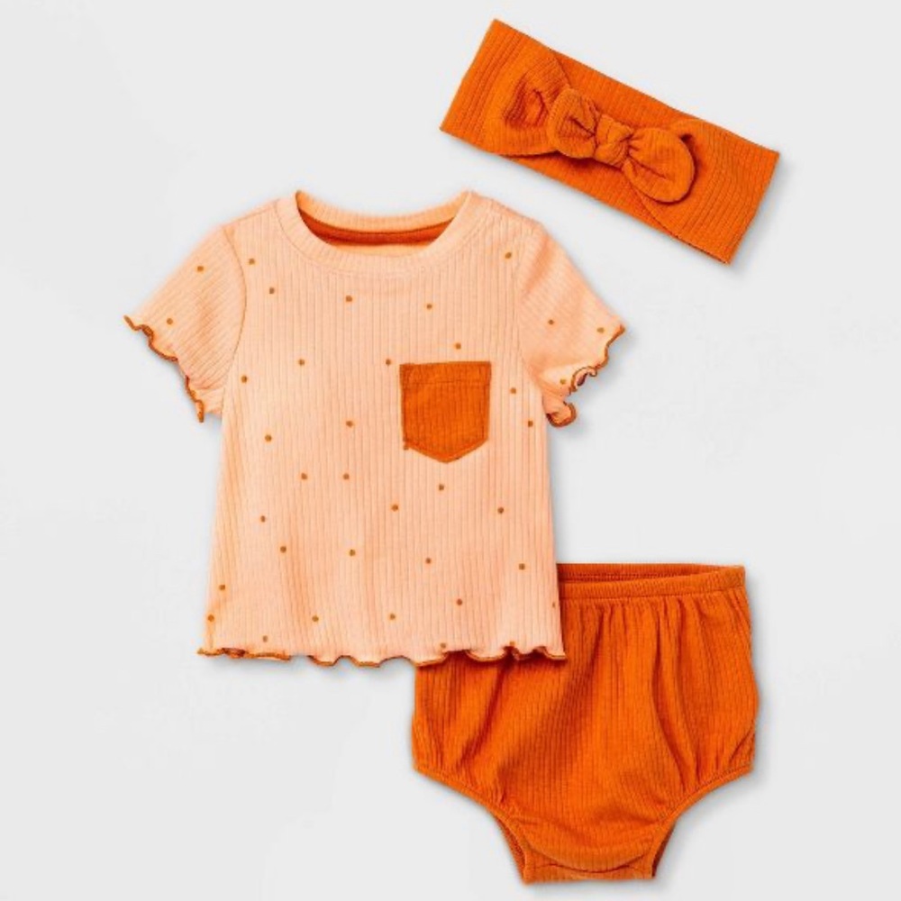 Baby Girls' Peach Dot Rib Short Sleeve Top & Bottom Set with Headband